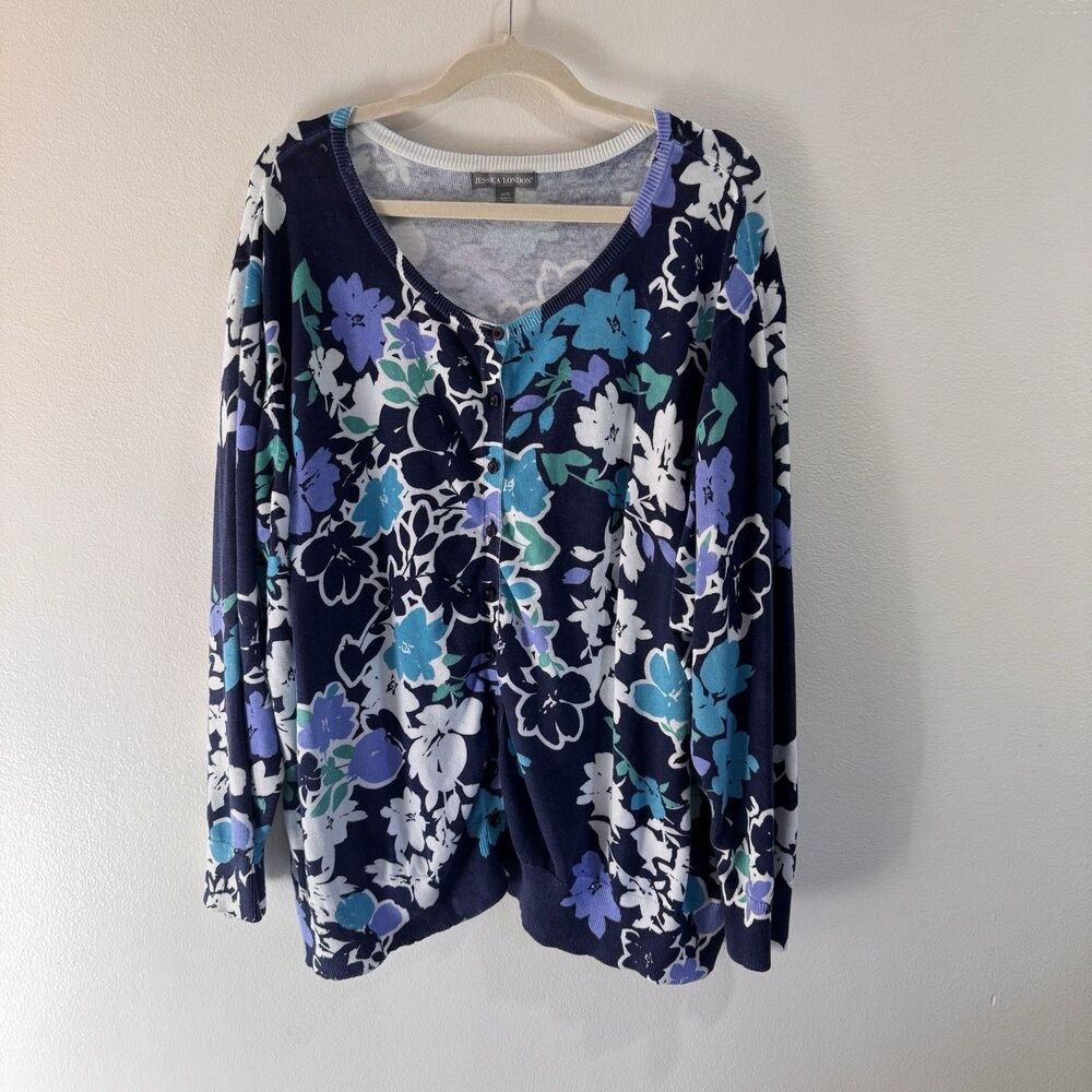 Jessica London Cardigan Sweater 34/36 4X Blue White Floral Knit 100% Cotton